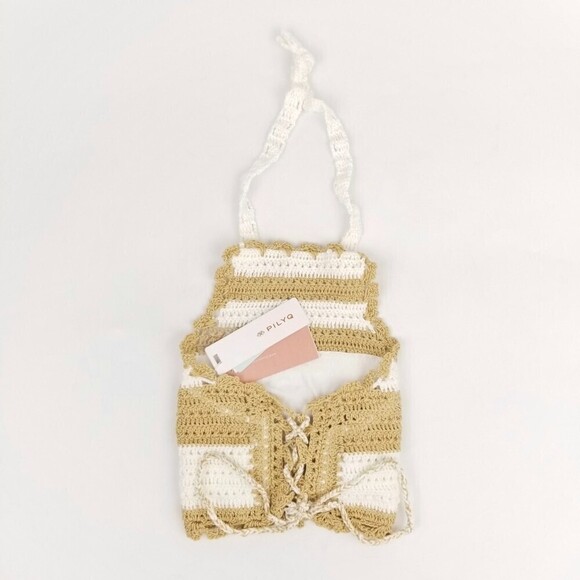 NWT PQ Swim Blair Crochet Knit Lace Up Halter Bikini Top in Tan White Stripe XL - Picture 3 of 4